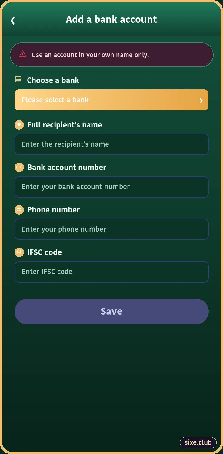 6E Club add bank account screen
