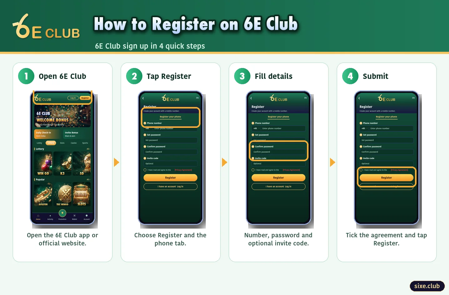 6E Club register steps